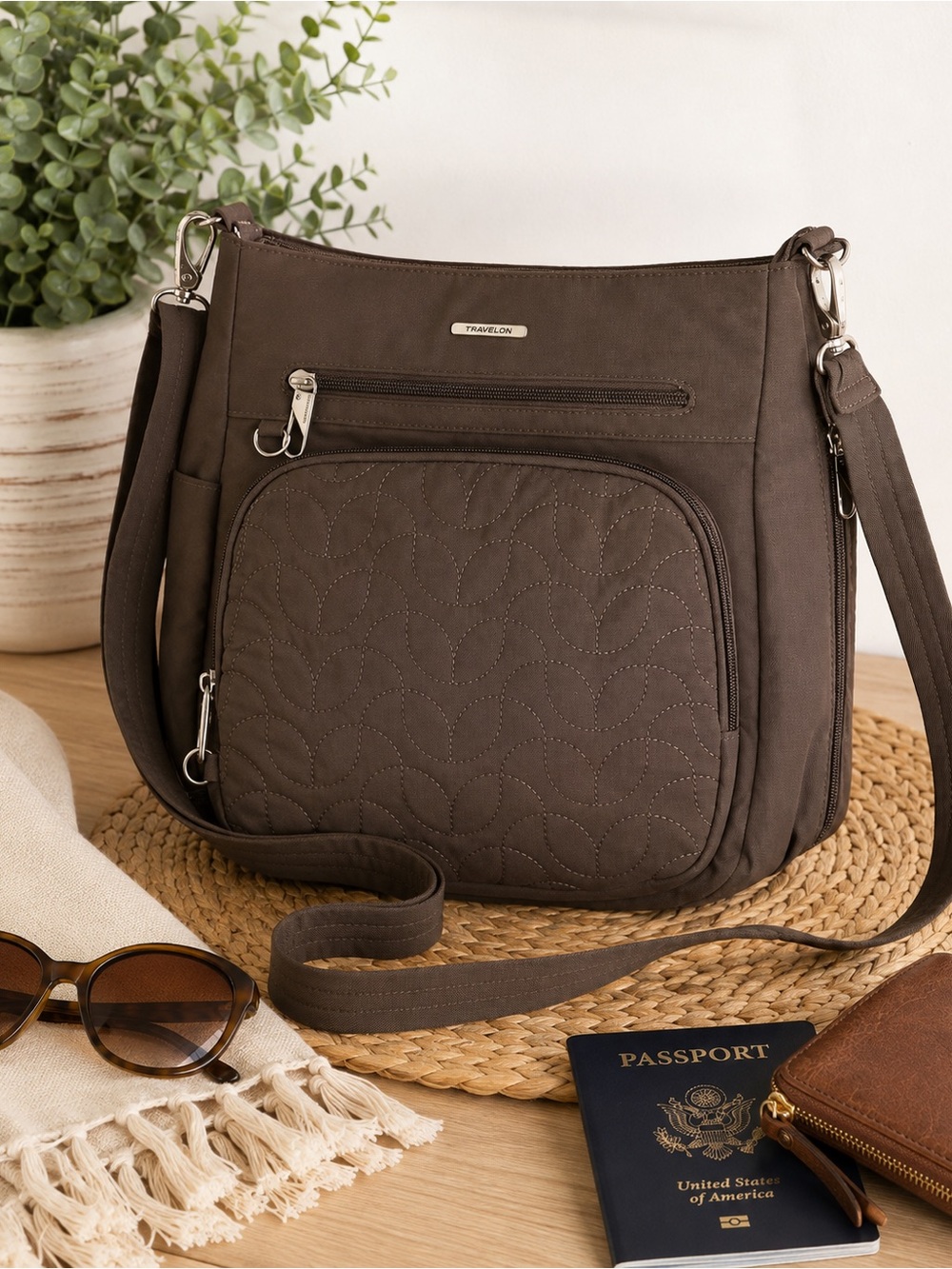 Travelon Anti-Theft Crossbody Bag Brown Quilted Multi-Pocket Travel Purse
